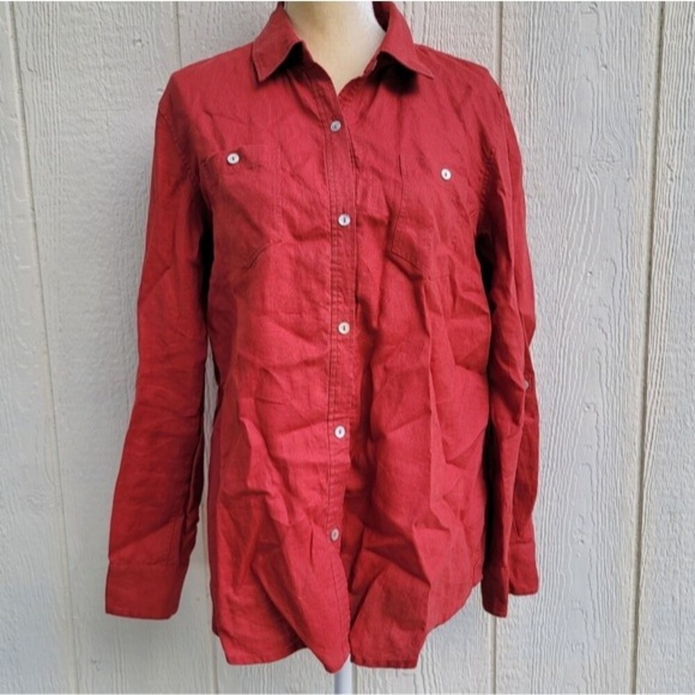 kate hill 100% linen rust colored button down blouse wmns sz large